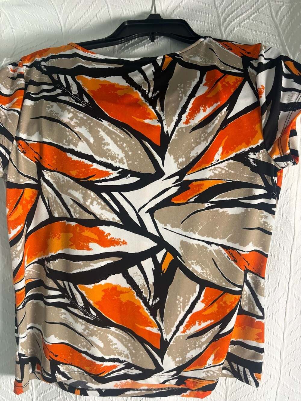 Worthington Blouse Size PL Orange Leaf Print Short Sleeve Pleated Neck